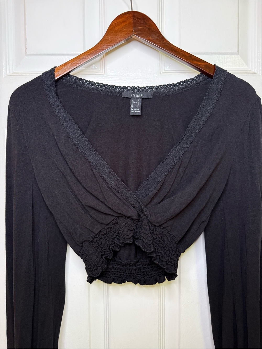 Forever 21 Black Cropped Long Sleeve Shirt with Lace Trim